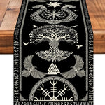 Cette image comprend des symboles et motifs décoratifs complexes sur un fond sombre, mettant l'accent sur un arbre de vie stylisé entouré d'oiseaux et de formes géométriques. L'ensemble dégage une atmosphère mystique et médiévale.