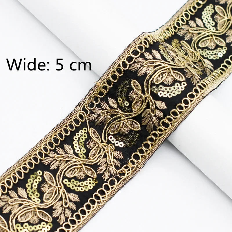 ruban decoratif brode floral paillettes dorées sequins blanc polyestere ecologique