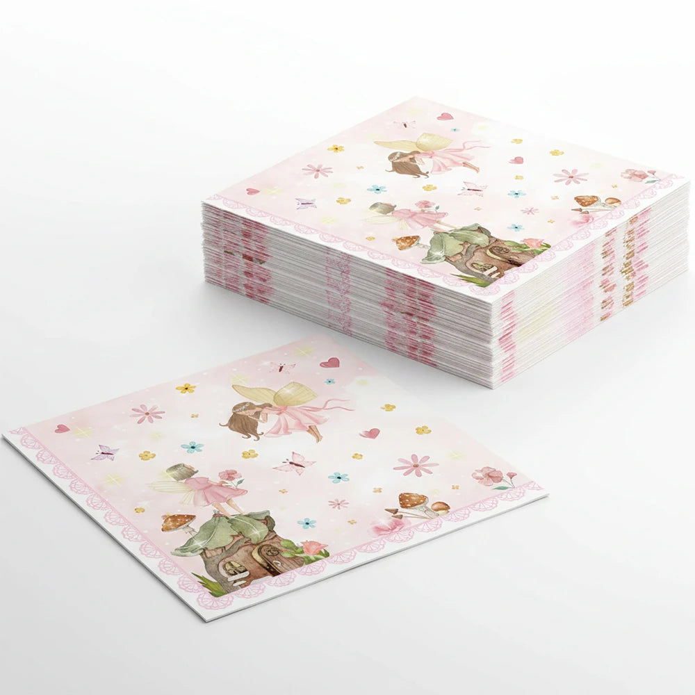 serviettes papier fées forêt enchantée anniversaire mariage baptême noël enfantin illustration fleurs coeurs