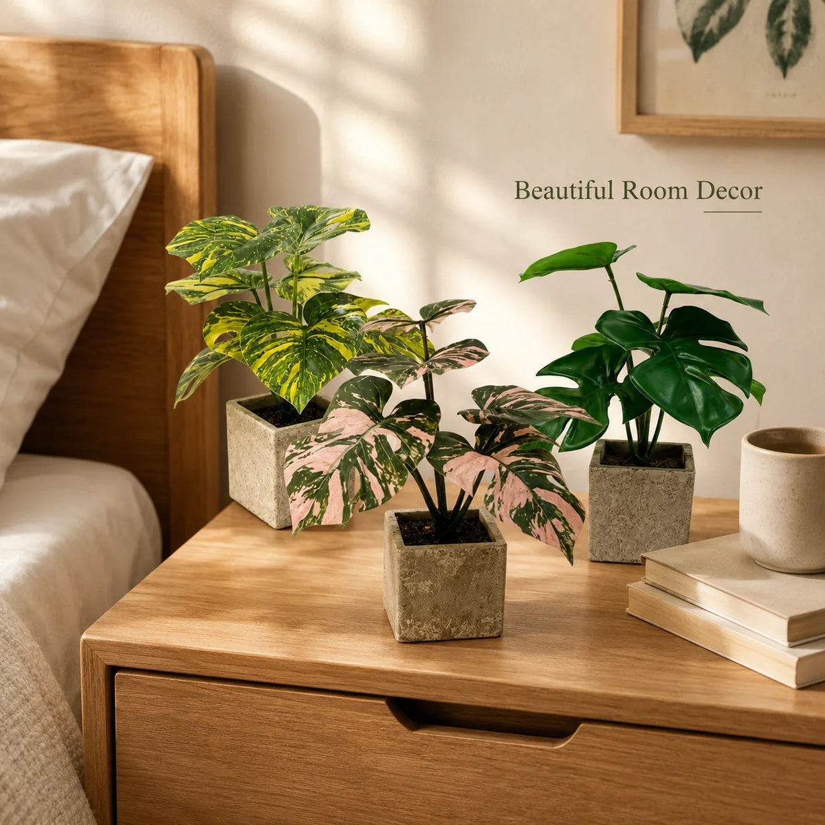 plantes artificielles monstera deco maison moderne pot pierre vert blanc rose jaune