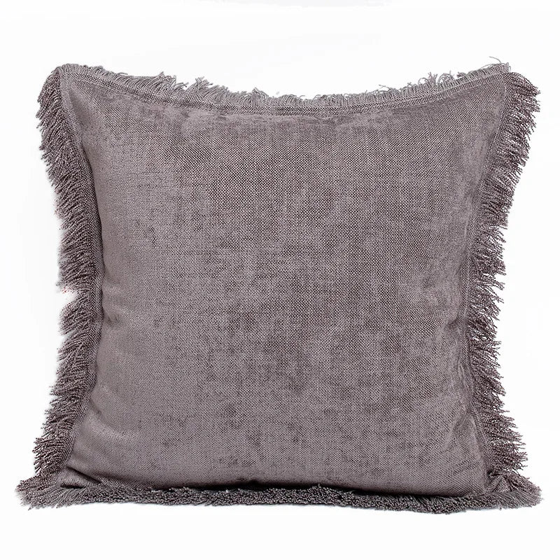 taies d'oreiller carrées modernes couleurs marron rose beige franges coton polyester