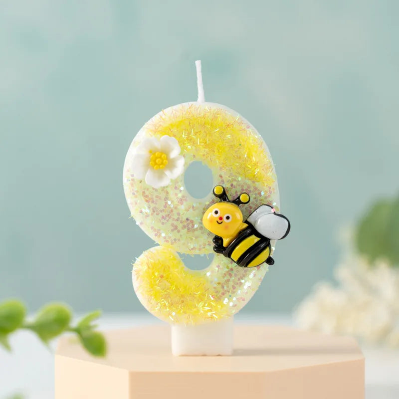 bougies forme chiffres jaune blanc noir fleurs abeilles décoratives enfants sucrerie couteau sucre boîte