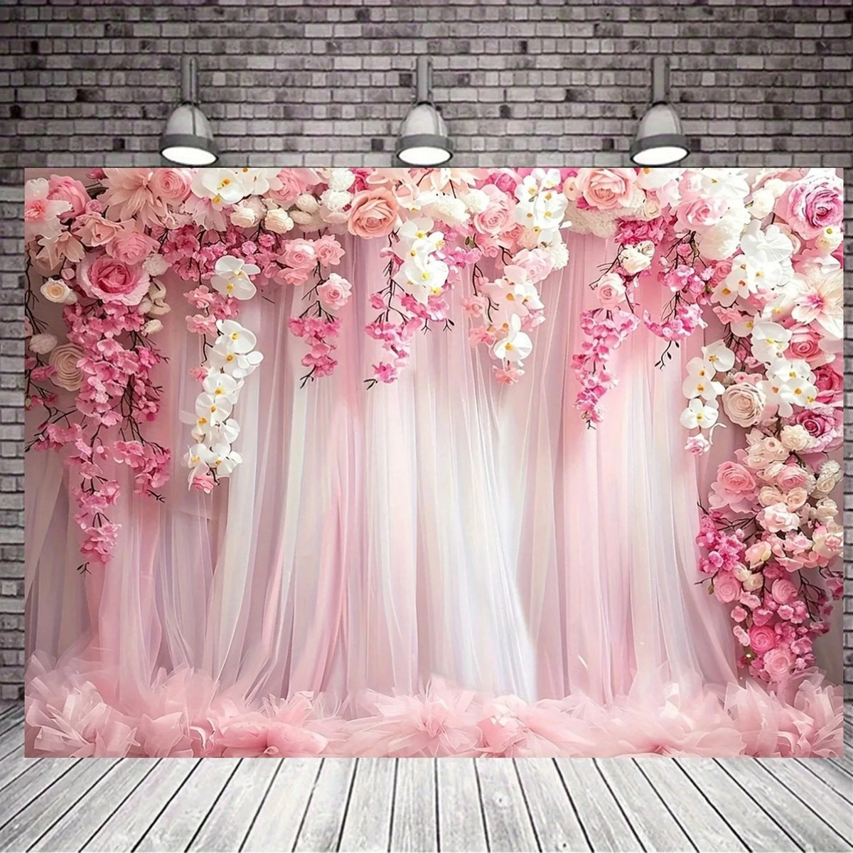 toile fond tulle semi transparent fleurs roses orchidées decoration murale romantique fiancailles mariage