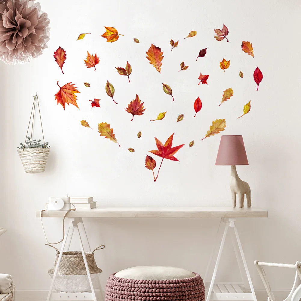 sticker mural feuilles automne adhésif moderne rouge orange vert chambre salon decoration