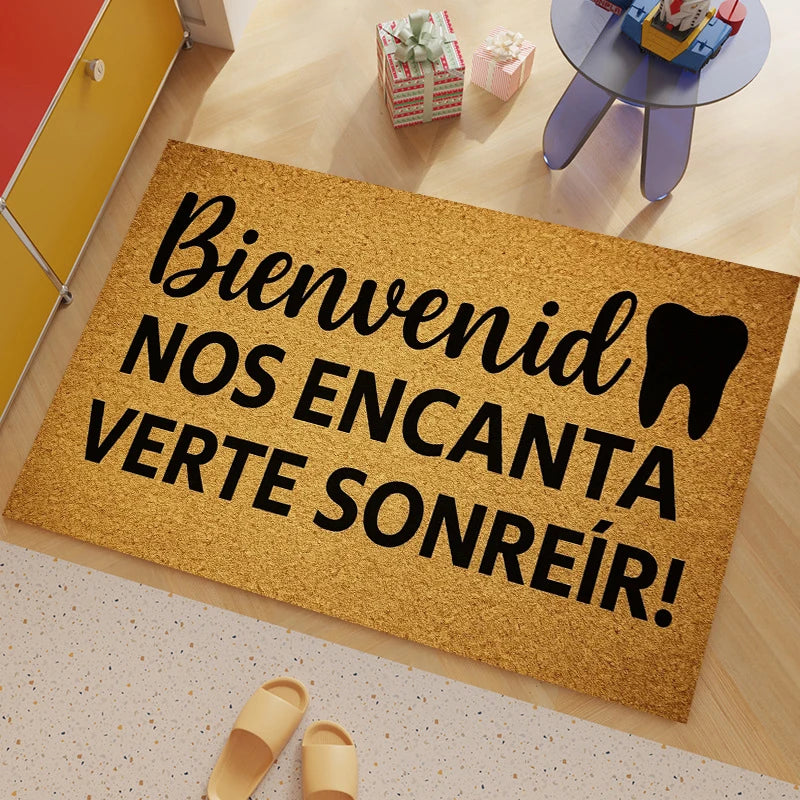 tapis paillasson caoutchouc antidérapant moderne accueillant imprimé lettres noir beige