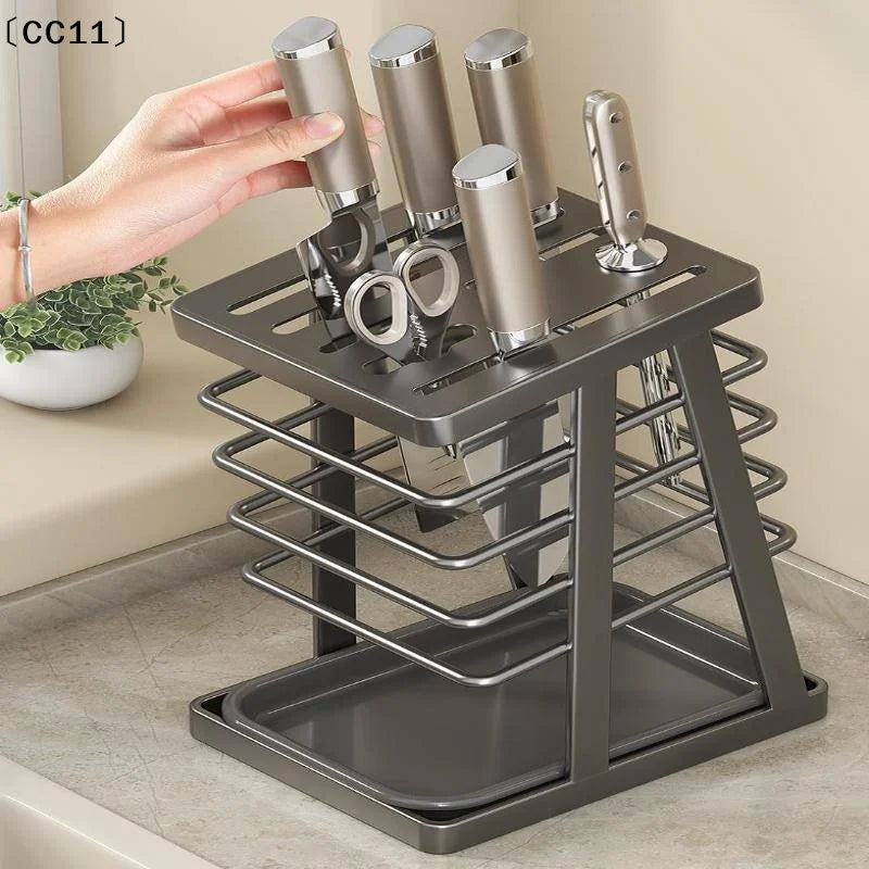 porte couteaux contemporain gris métallisé couteaux ciseaux plateau détachable minimalisterangement efficace ustensiles cuisine