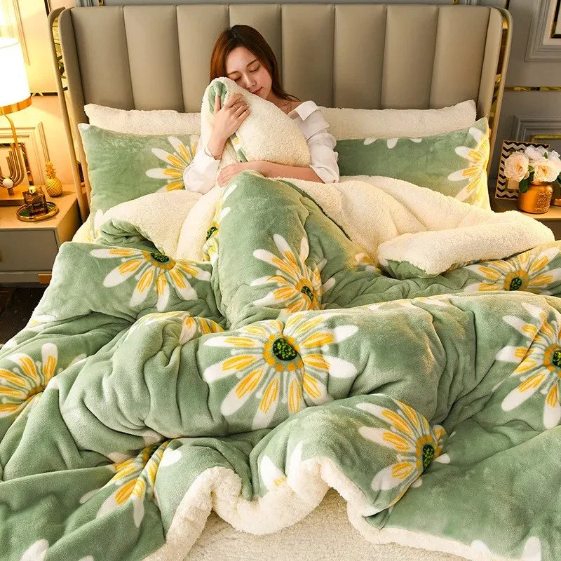 peluche douce couverture hiver verte fleur blanche confortable lit 150x200cm 180x220cm 200x230cm