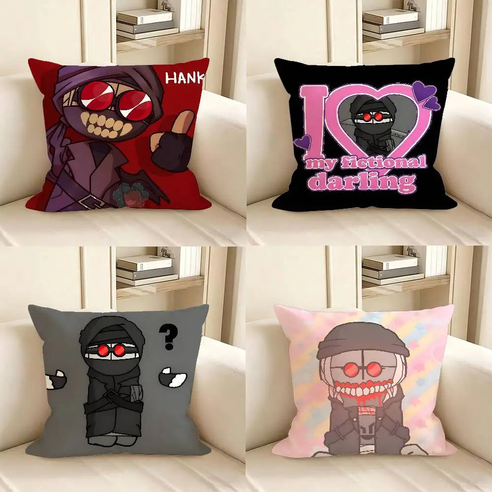 coussin carré décoration chambre personnage cartoon rouge noir violet motif animé canapé intérieur maison