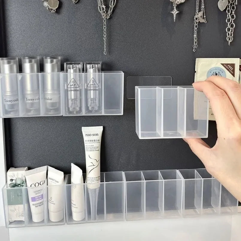 organisateur maquillage boîtes rangement adhésives compartiments transparents produits cosmétiques échantillons soins pinceaux coton tiges