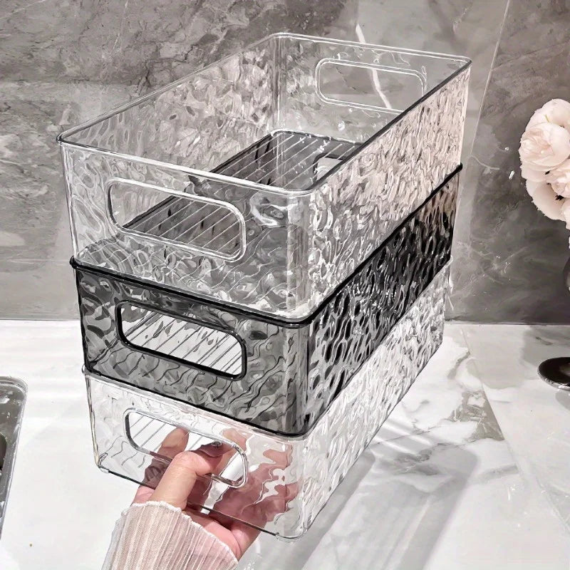 boîte rangement transparente texture ondulée poignées moderne cosmétiques salle bain rechargeable plastique