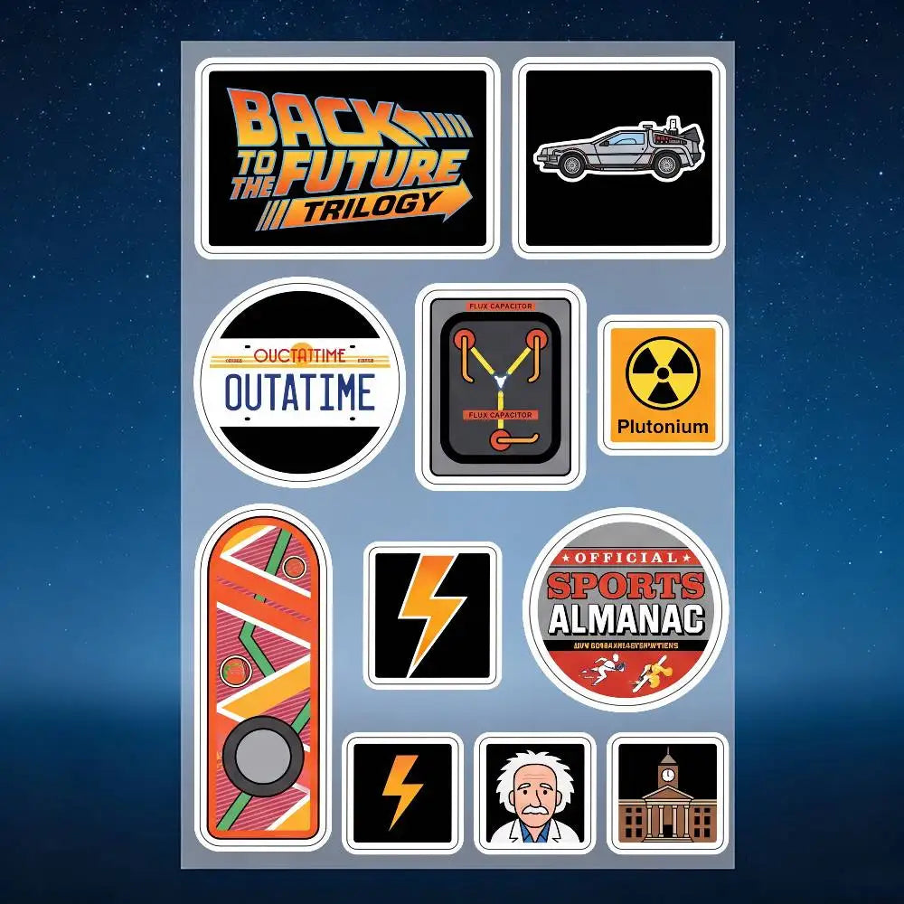 stickers réfléchissants retour futur multicolore delorean capaciteur plutonium pop art retro moto vélo