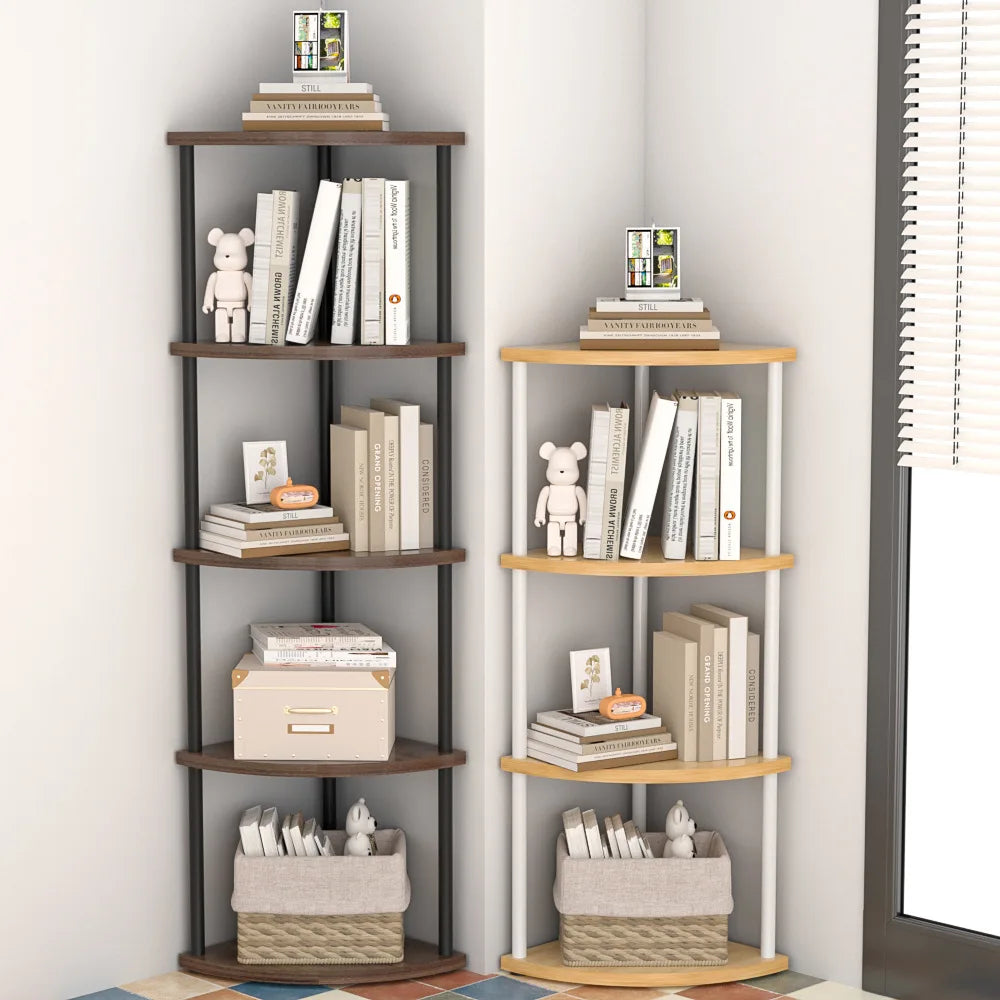 étagère d'angle murale bois moderne brun foncé rangement livres décorations plantes chambre salon minimaliste