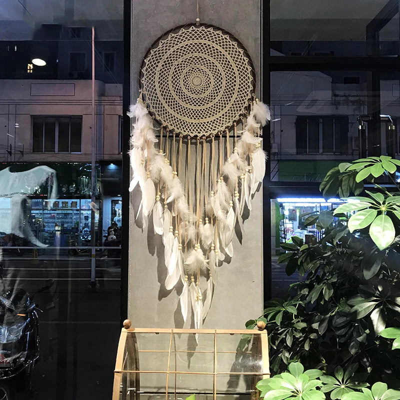 attrape rêves boho chic blanc doré plumes lumières led chambre enfant décoration