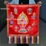 tapis décoratif artisanal or rouge broderie bouddhiste franges colorées tissu d'art opacité traditionnel motifs