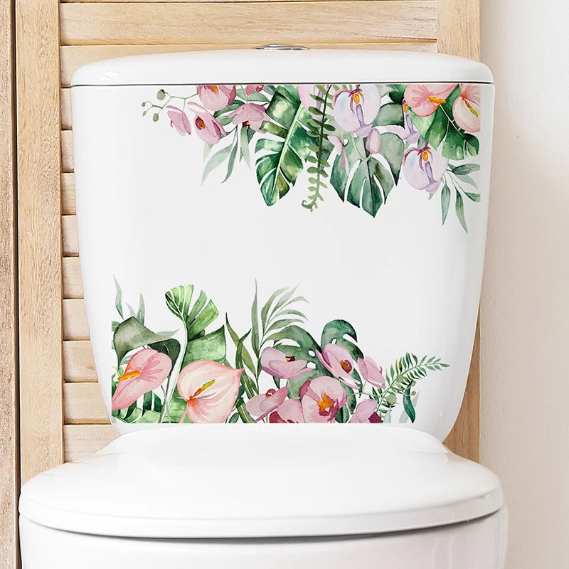 autocollant mural décoration toilettes motif feuilles fleurs floral opaques blanc