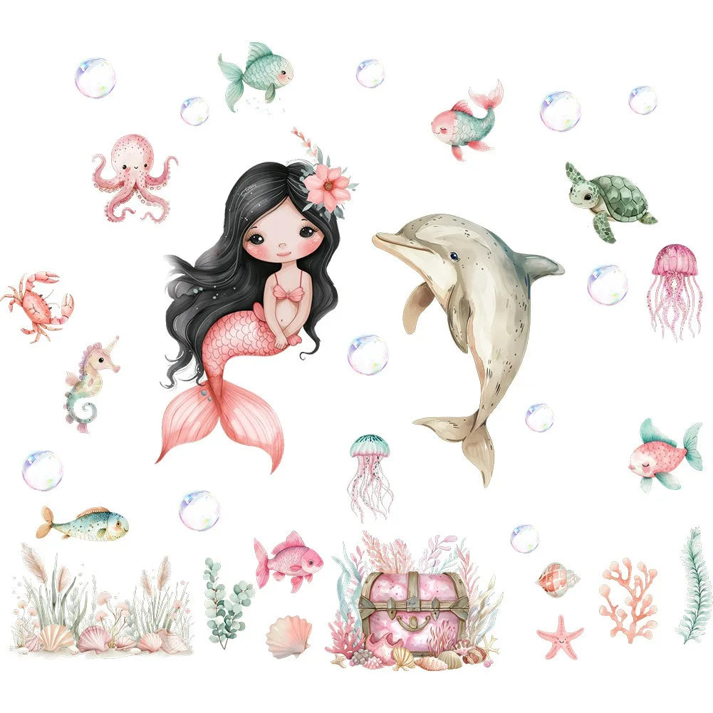stickers muraux sirène dauphin poissons bulles coraux cartoon marine enfants chambre décoration mur