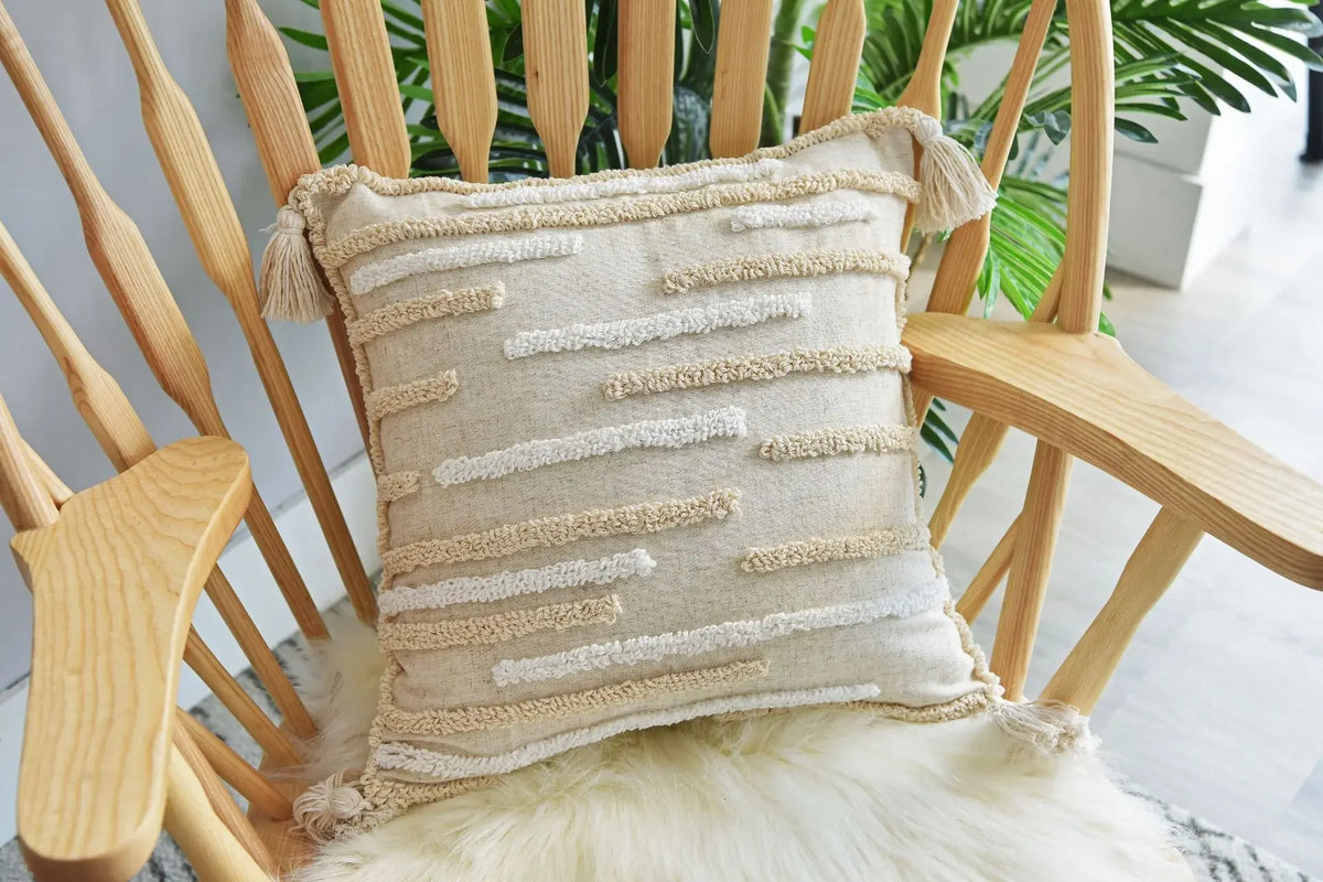 coussin boho chic brodé franges polyester beige décoratif rectangle 45x45cm