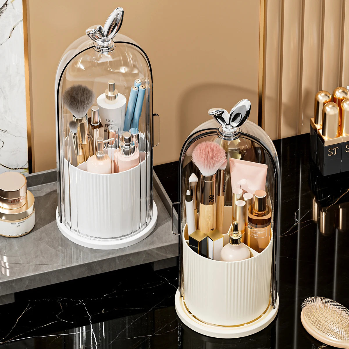 organisateur maquillage boîte rangement rose blanc transparent moderne élégant pinceaux maquillage rouges lèvres palettes