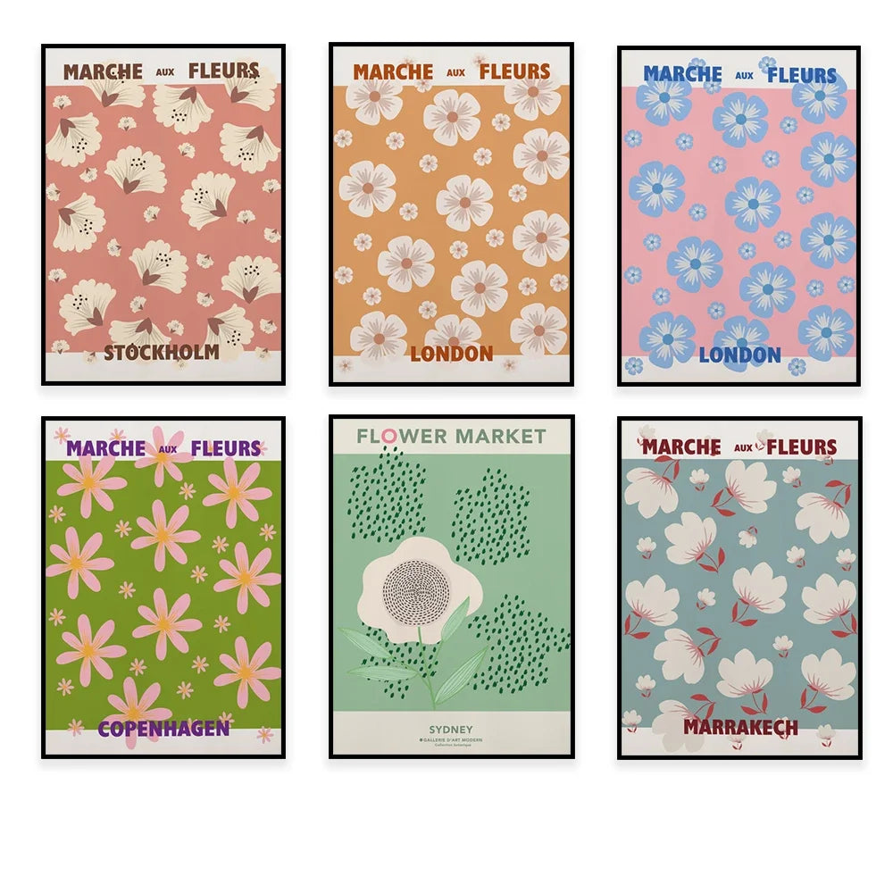 Affiches vintage pour les marchés aux fleurs de plusieurs villes, avec des motifs floraux colorés et stylisés.