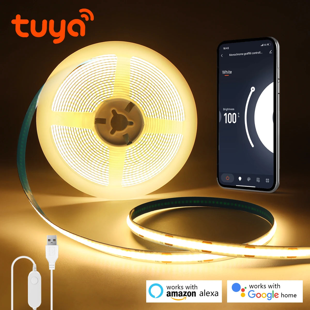 Ruban led cob blanc blanc chaud adhésif dimmable application tuya moderne contrôlabile alexa google
