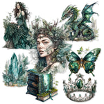 autocollants adhésifs naturels fantastiques feuilles papillon livre dragon blanc vert noirs artisanat scrapbooking