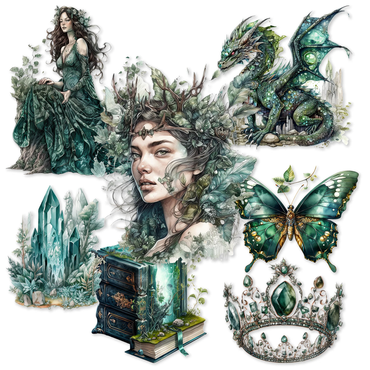 autocollants adhésifs naturels fantastiques feuilles papillon livre dragon blanc vert noirs artisanat scrapbooking