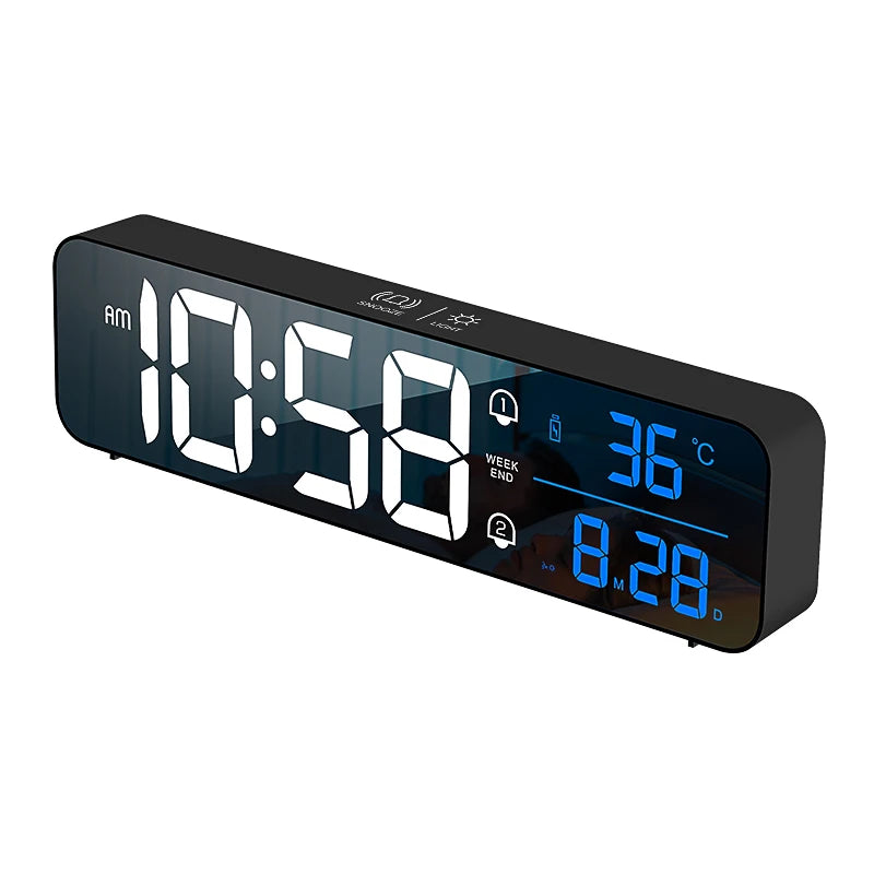horloge numérique moderne blanc noir écran led affichage température double alarme snooze