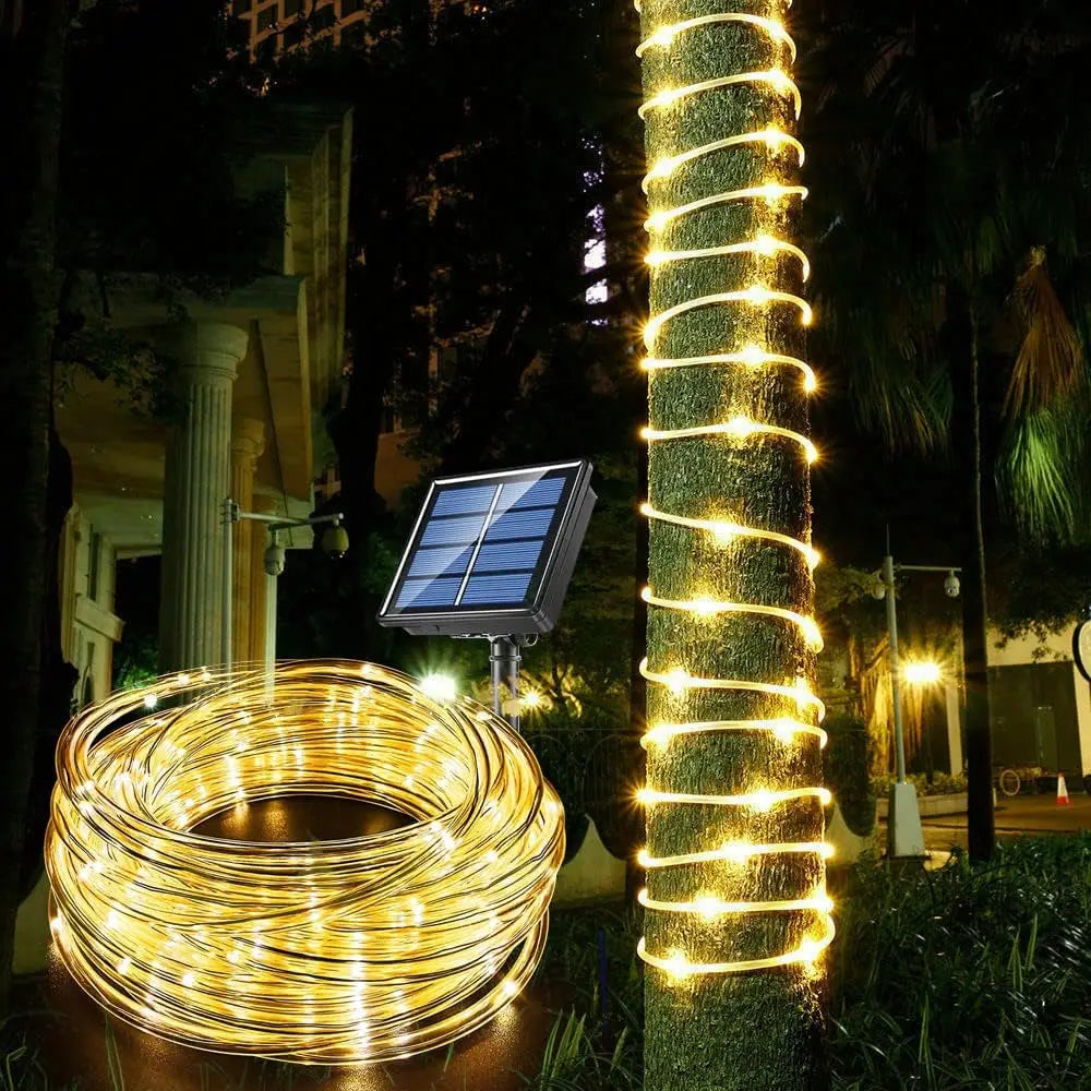 guirlande lumineuse solaire 30m blanc chaud filament fibre optique moderne