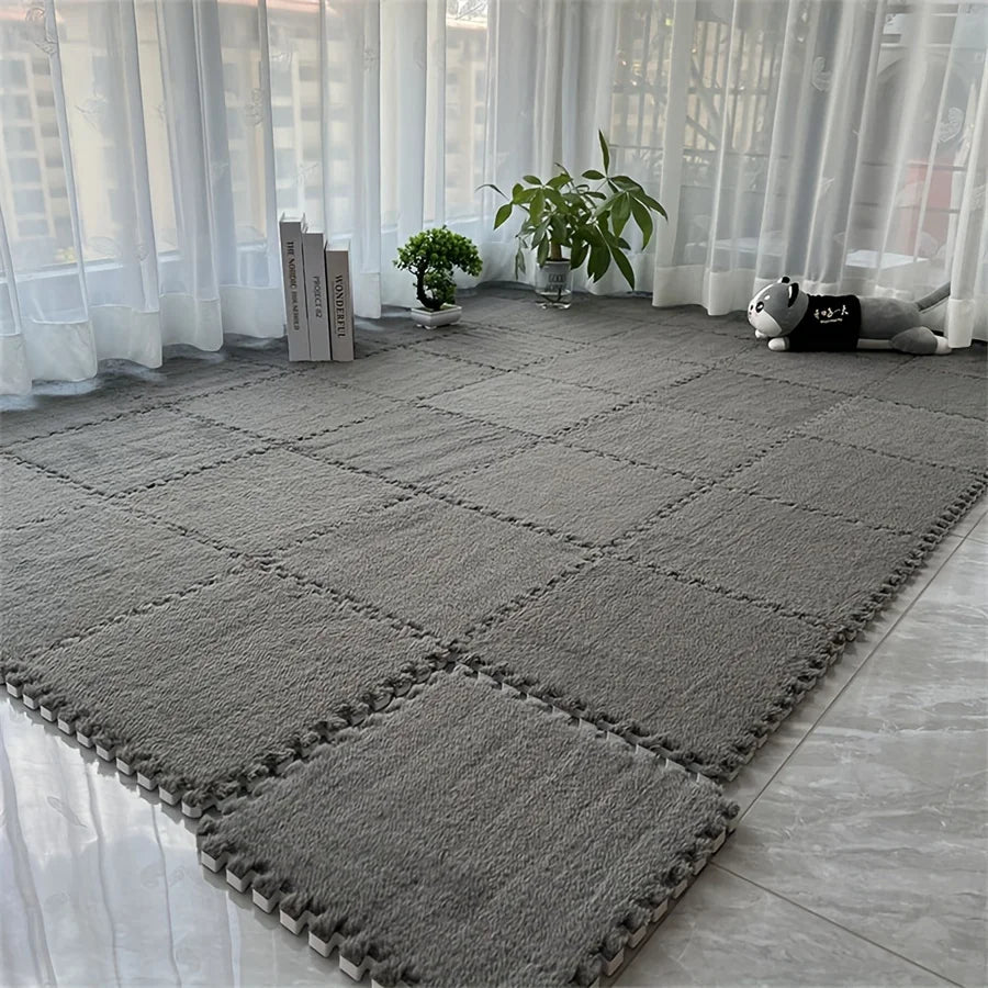 tapis modulables carreaux géométriques 30cm 30cm gris noir marron clair doux moelleux moderne confortable