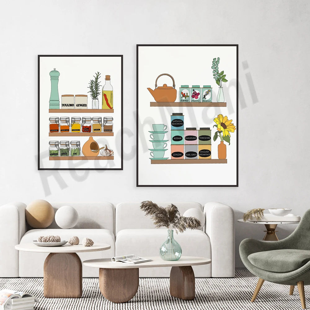 Des illustrations murales représentant des étagères de cuisine remplies d'épices, d'ustensiles et d'accessoires décoratifs.