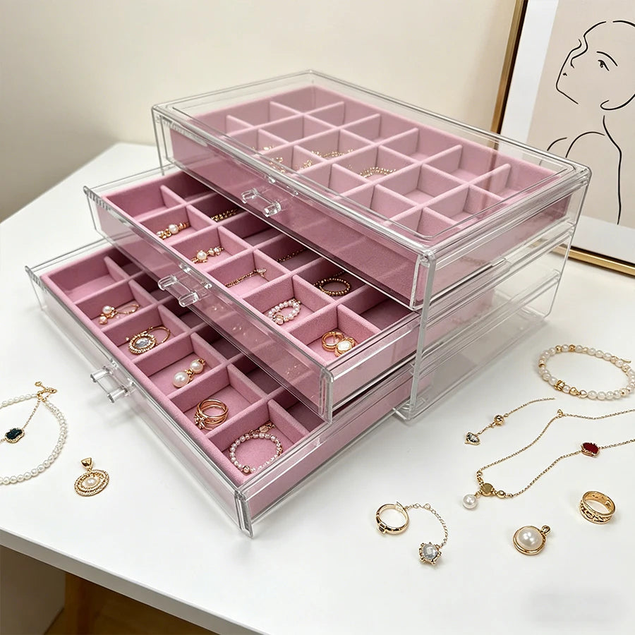 boîte bijoux velours rose transparent moderne rangement poignées métal boucles oreilles bracelets