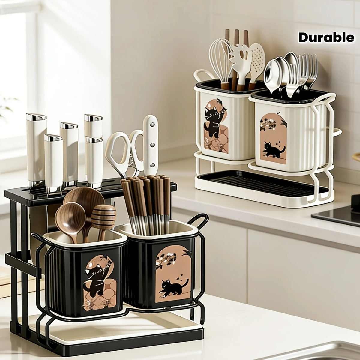 support ustensiles cuisine noir blanc chats imprimé moderne minimaliste drainage couteaux fourchette batteur scies
