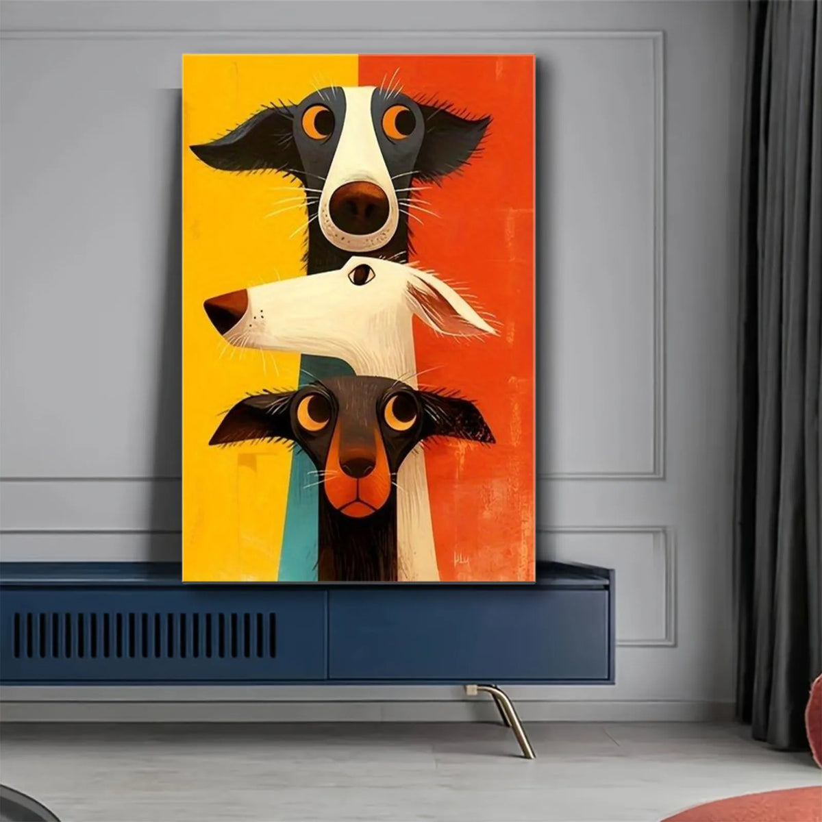 tableau moderne trois chiens stylisés animal compagnie abstrait jaune orange noir