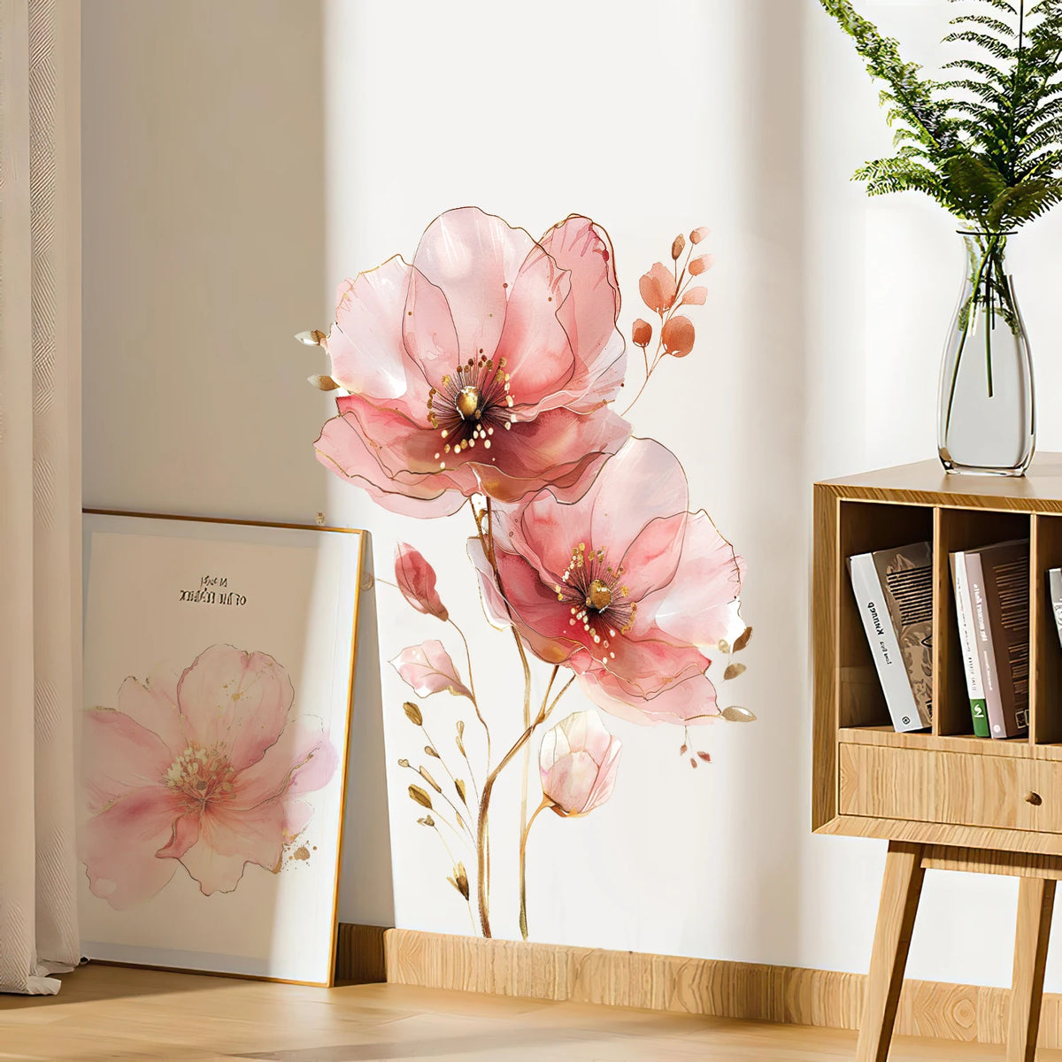 autocollant mural fleurs stylisées moderne rose clair doré deco chambre salon filles PVC removable