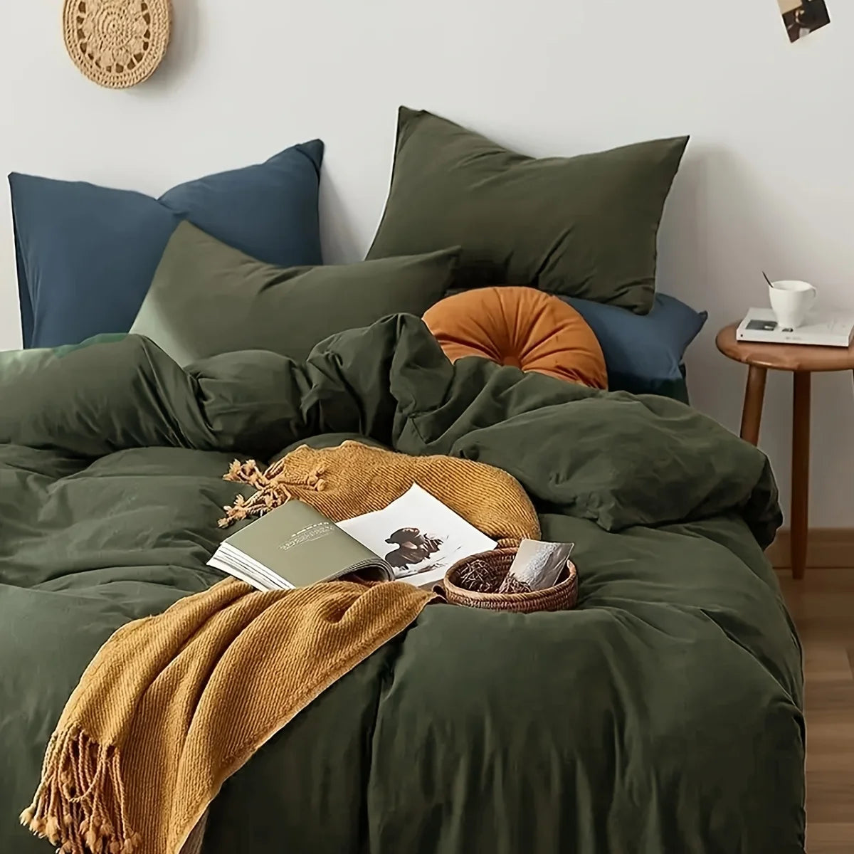 ensemble literie uni vert olive moderne minimaliste 100% polyester housse couette taies oreiller couverture