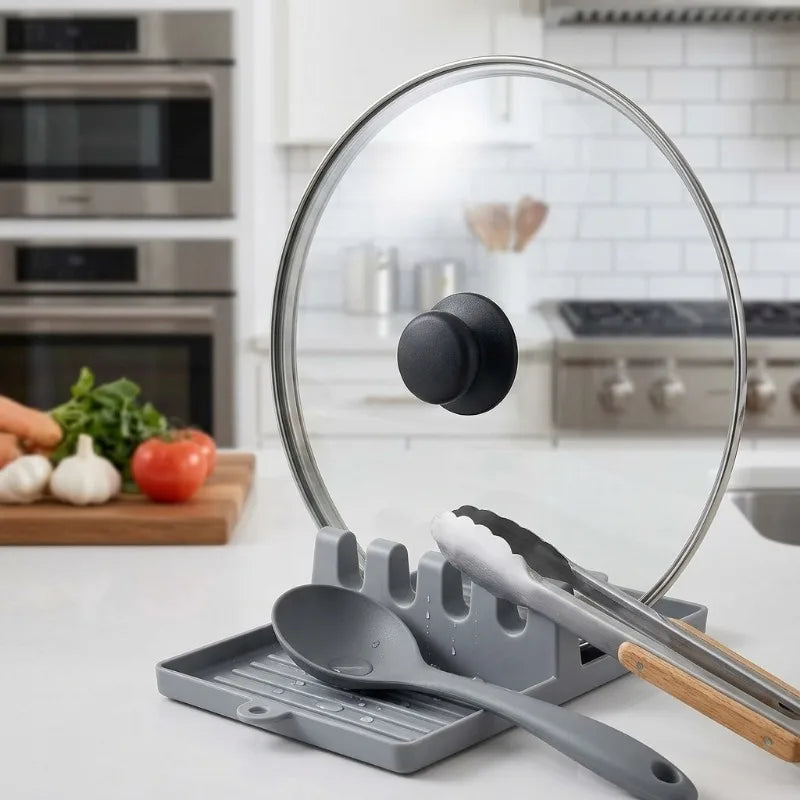 support cuisine multifonctionnel gris vert blanc moderne rainures cuillères fourchettes spatules