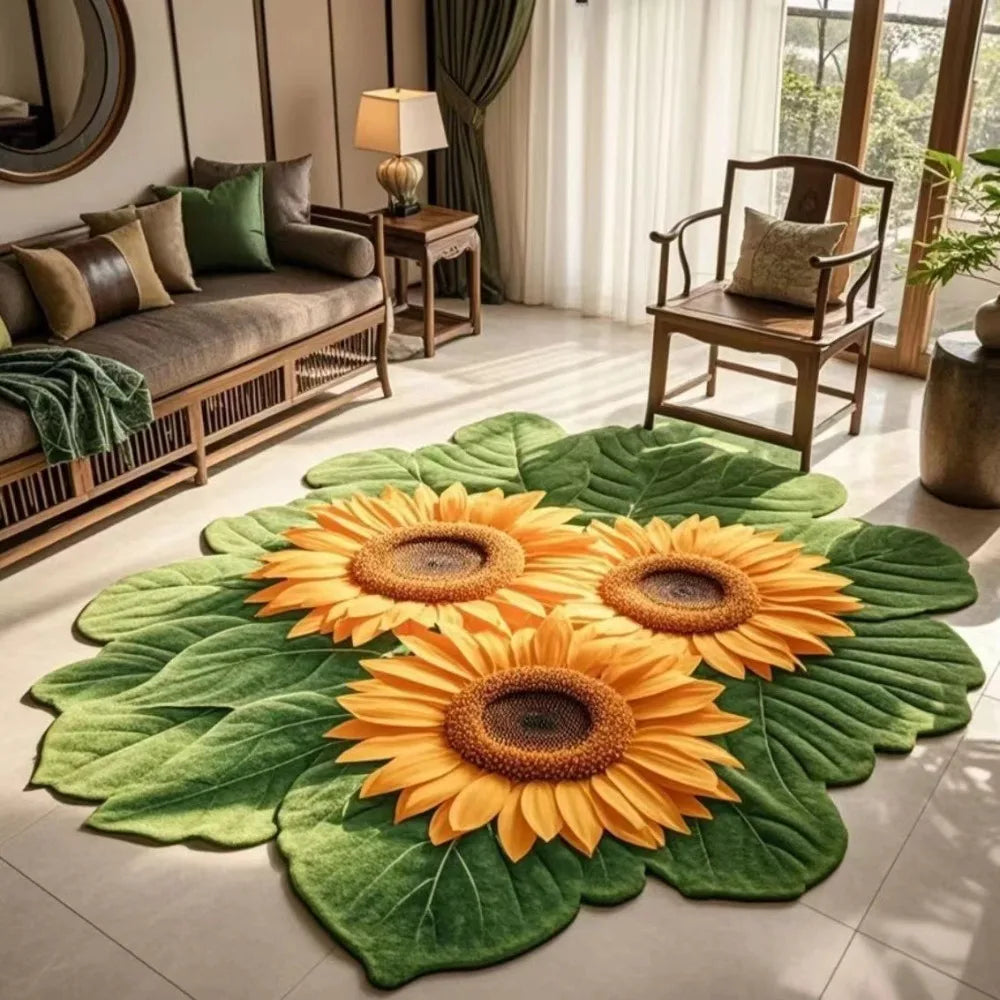 tapis fleurs tournesols roses lys vert jaune marron blanc rose texturé 3d antidérapant polyester