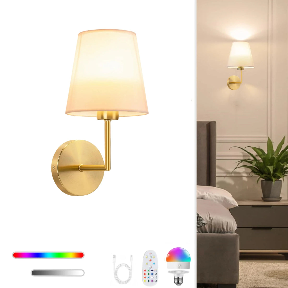 applique murale moderne dorée télécommande incluse éclairage led rechargeable 15 couleurs variées texture métallique
