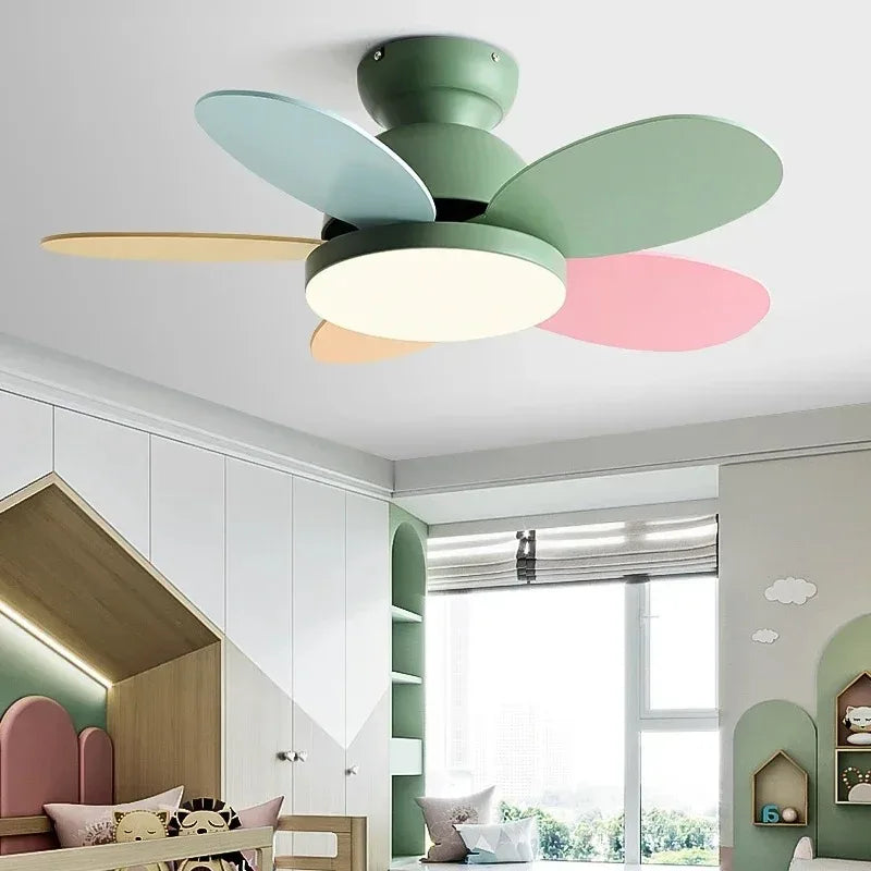 ventilateur moderne bois couleur vert rose bleu clair lampe intégrée télécommande led suspension chambre
