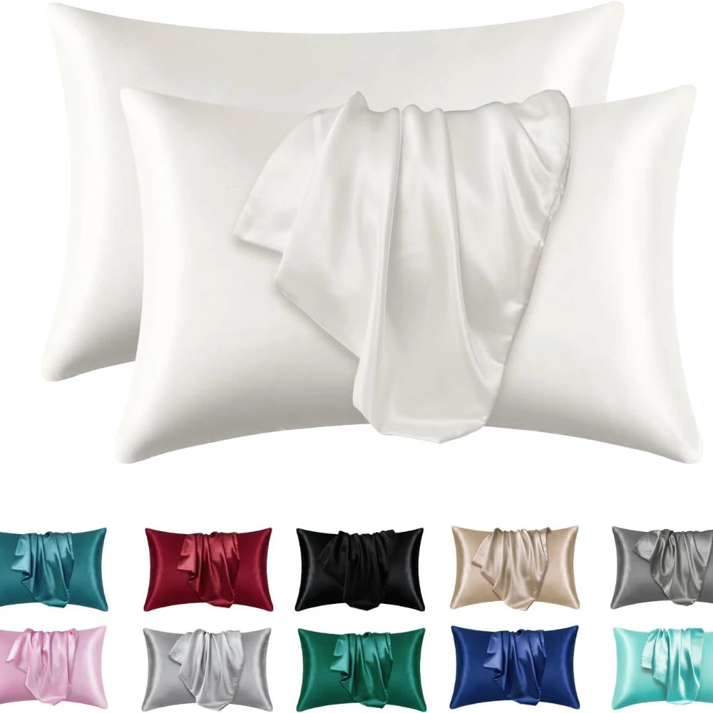 taies d'oreiller satinées polyester élégantes beige fixées cheveux peau respectueuses paires incluses