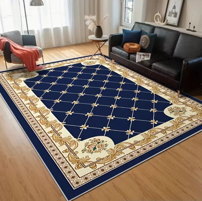 tapis moderne carreaux géométriques bleu gris noir polyester polypropylène salon chambre prière extérieur