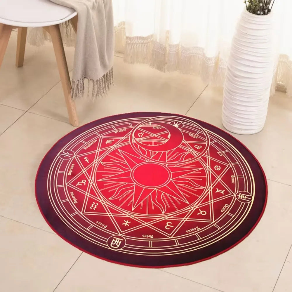 tapis rond moderne symboles astrologiques motifs floraux rouge noir rose bleu chambre salon decoration