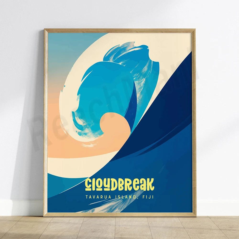 Affiche vintage d'un paysage marin avec une vague énergique et le texte "Cloudbreak, Tavarua Island, Fiji".