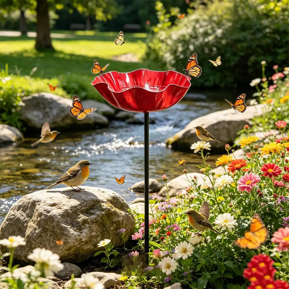bassin oiseaux rouge forme fleur moderne extérieur tringle jardin pollinisateurs eau