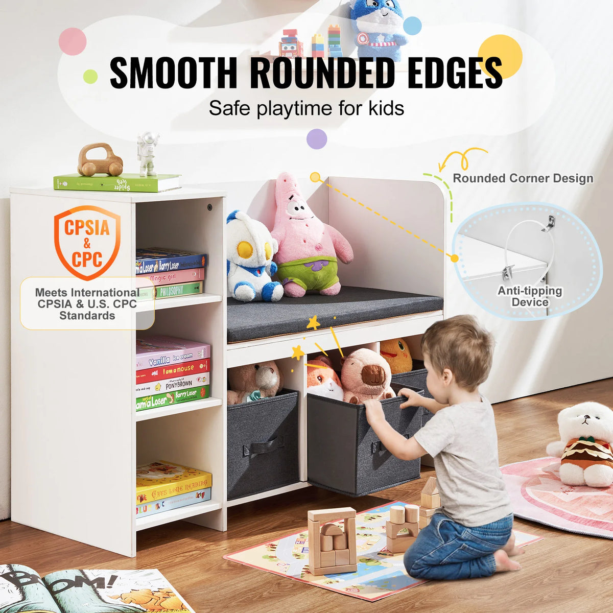 meuble salon enfant blanc moderne tiroirs compartiments banc rangement jouets