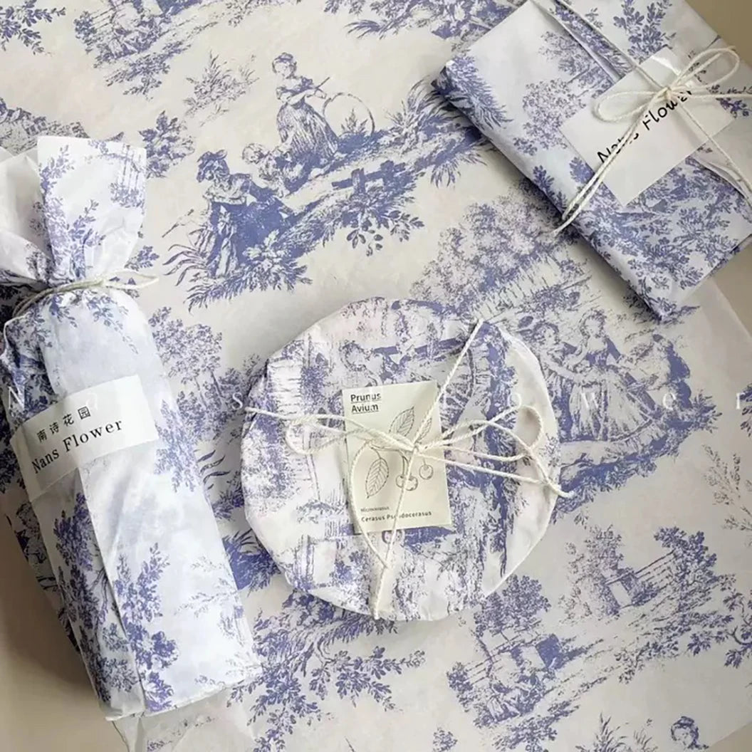 serviettes toile jouy blanc bleu vintage classique mariage anniversaire fête noël ruban coton cartes