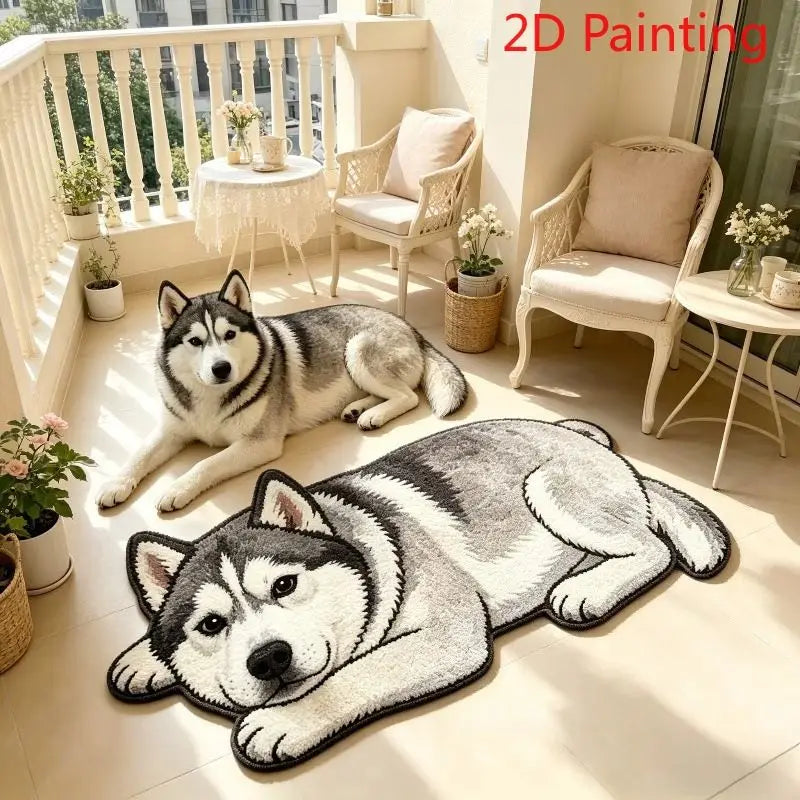 tapis imprimé chien husky gris noir blanc résistant décoloration antidérapant intérieur extérieur chambre salon