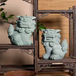 statues feng shui lions verts pierre granuleuse artisanat maison jardin