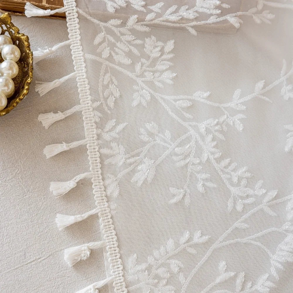 rideau semi transparent polyester broderie végétale tassel beige vert classique