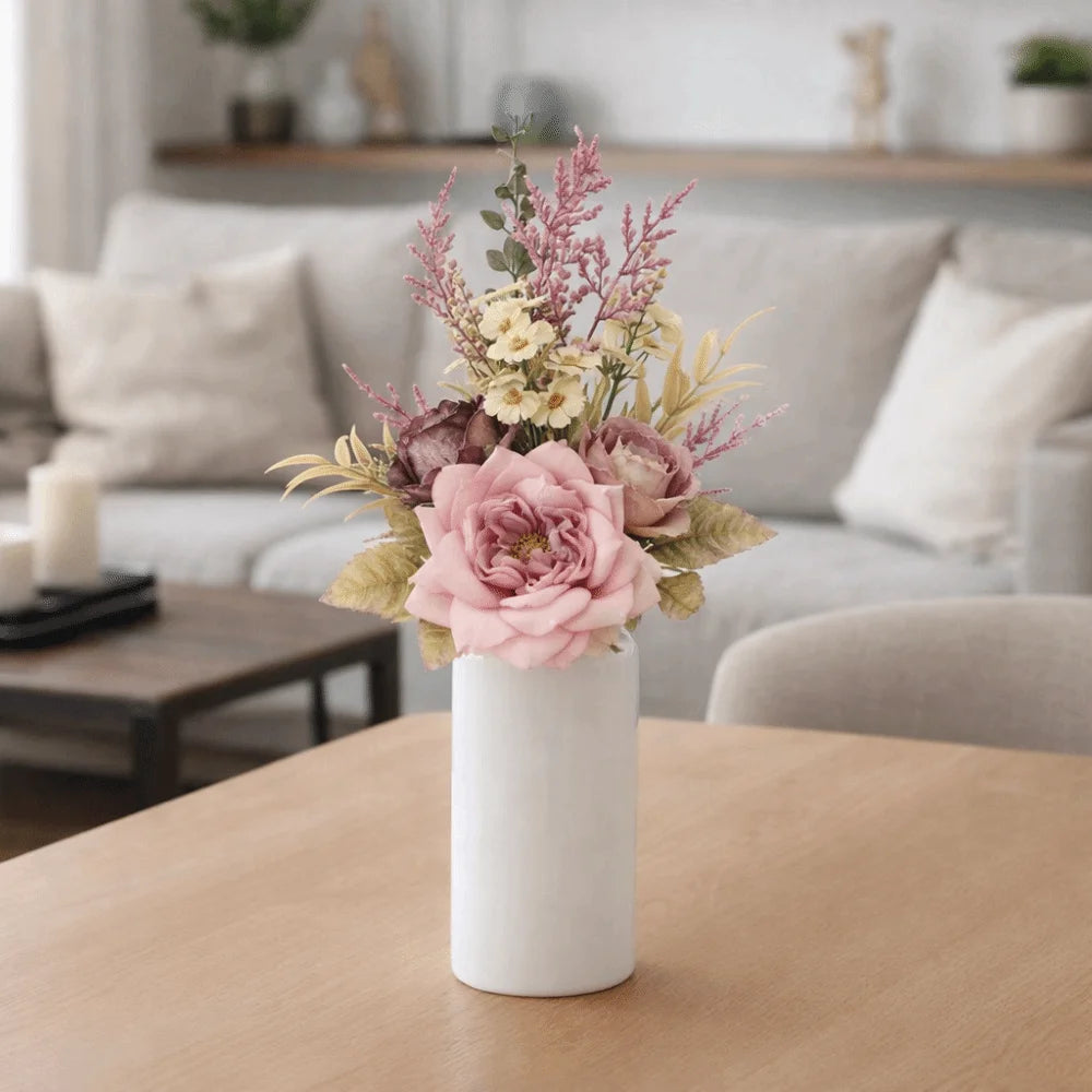 bouquet fleurs artificielles rose blanc jaune naturel decoration intérieur mariage anniversaire